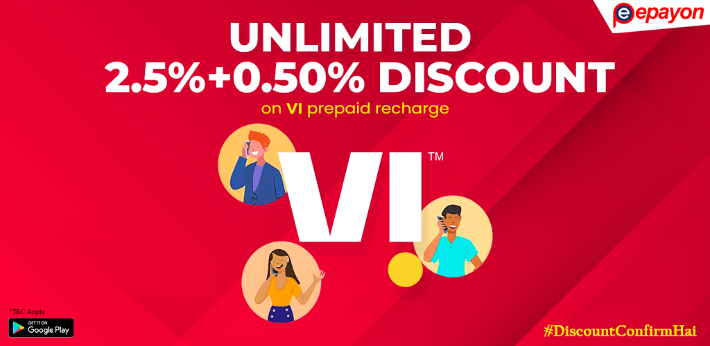 Get UNLIMITED <b>2.5%</b> Discount on VI Prepaid Recharges.